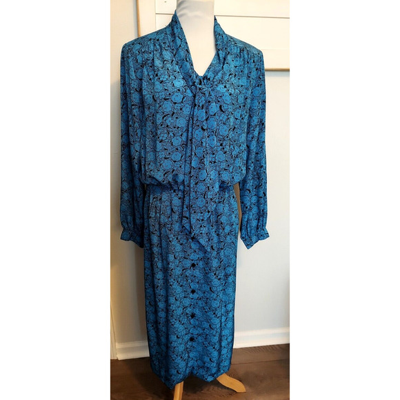 Vintage Hana Sung Sz 12 Blue L/ Sleeve Floral Dress Button Front Elastic Waist - Picture 1 of 9